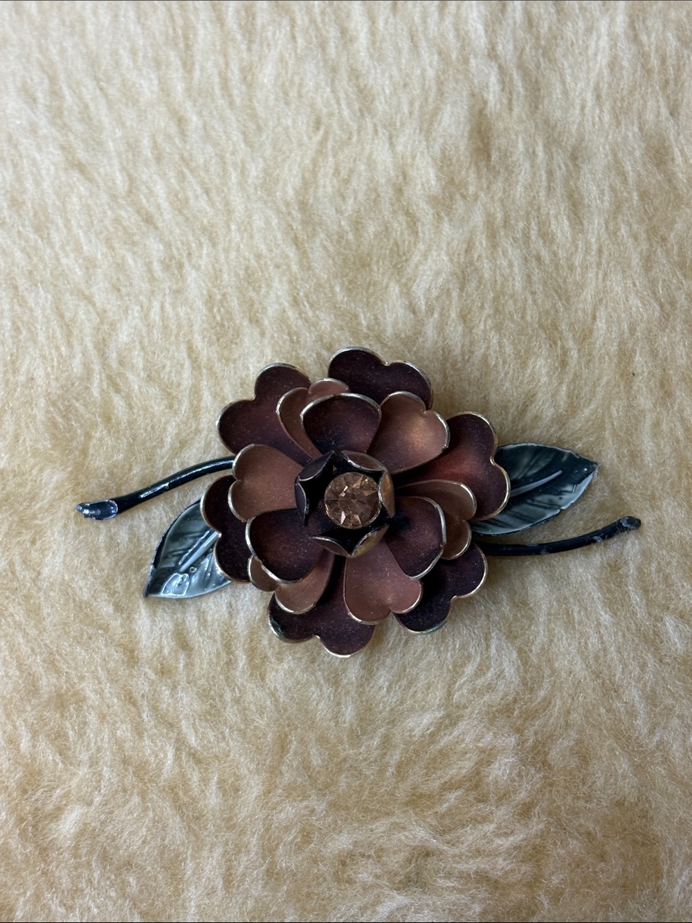 Vintage Coro Floral Rose Brooch in Metallic Copper